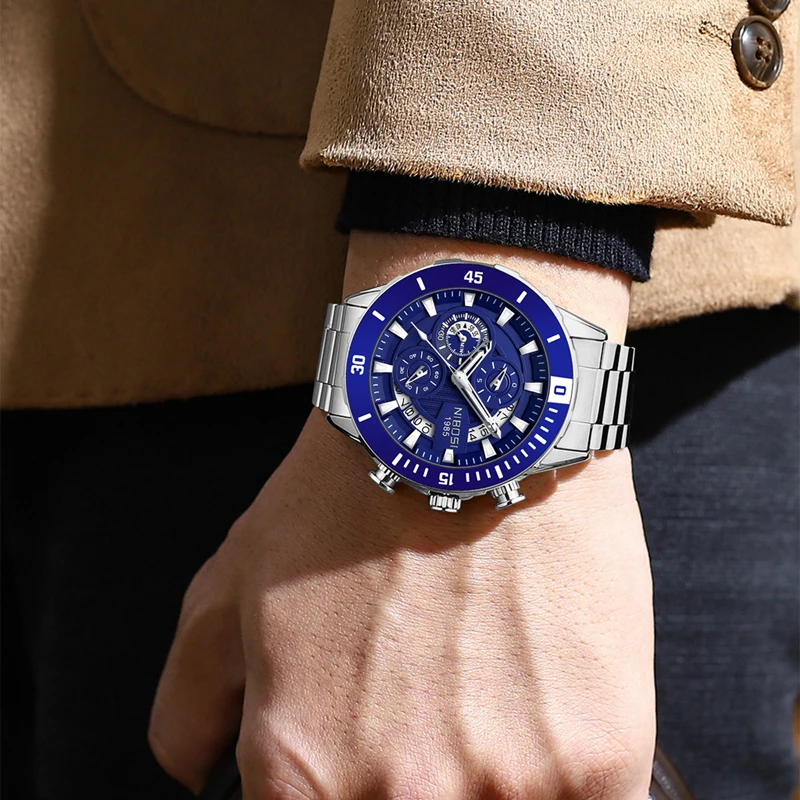 NIBOSI Brand Luxury Chronograph Quartz Watch for Men Stainless Steel Waterproof Luminous Date Sport Big Dial Fashion Men Watches
