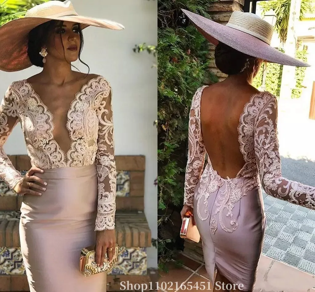 Sexy Long sleeve Cocktail Prom Dresses Deep V-Neck Lace And satin Party Dresses Backless Elegant special Occasion Customized