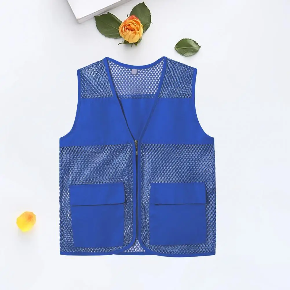 Mesh Waistcoat Double Pockets Zipper Bright Color Vest Coat Gym Sports Volunteer Work Vest Loose Fit Waistcoat Fishing