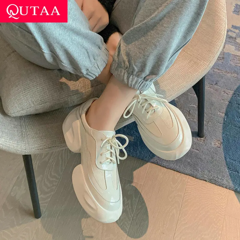 

QUTAA 2023 Spring Summer Sports Shoes Women Sneakers Platforms Casual Lace-Up Genuine Leather Fashion Shoes Woman Size 34-39