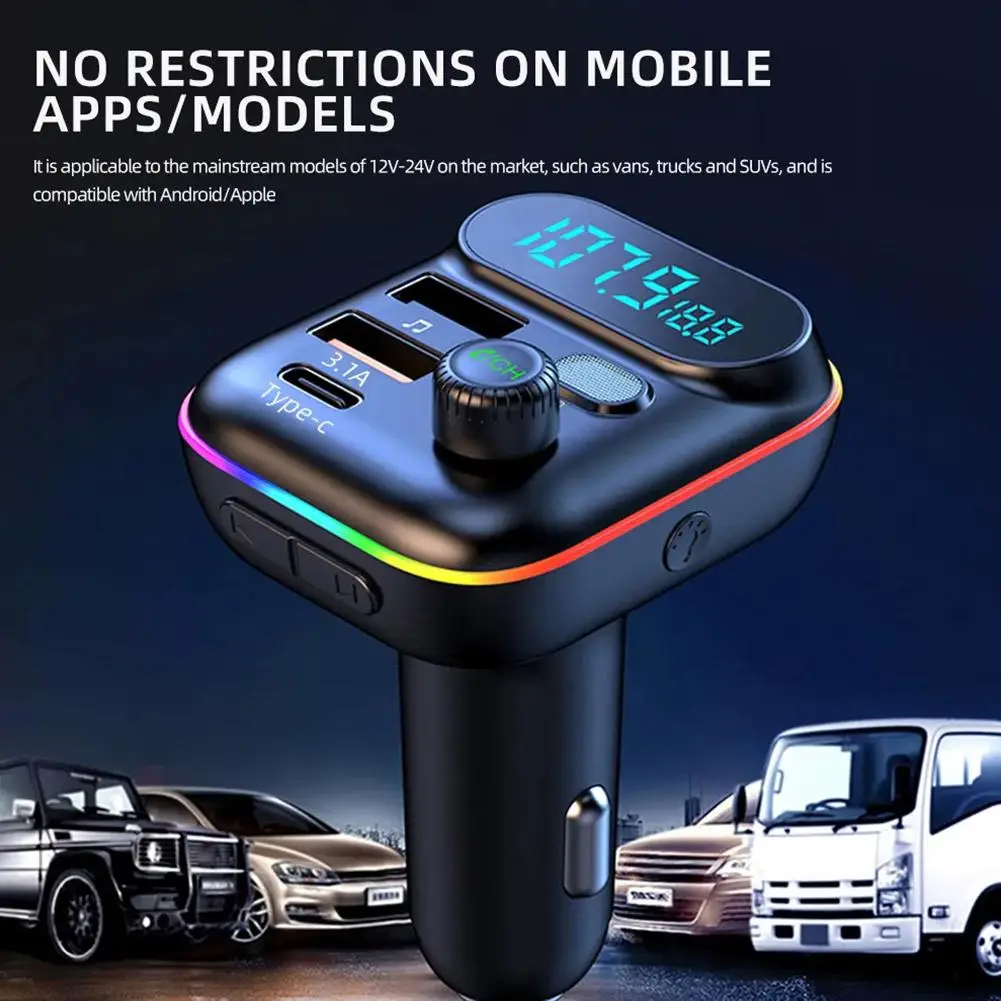 Car Wireless Bluetooth 5.0 FM Transmitter Adapter 2USB PD Charger RGB  Hands-Free