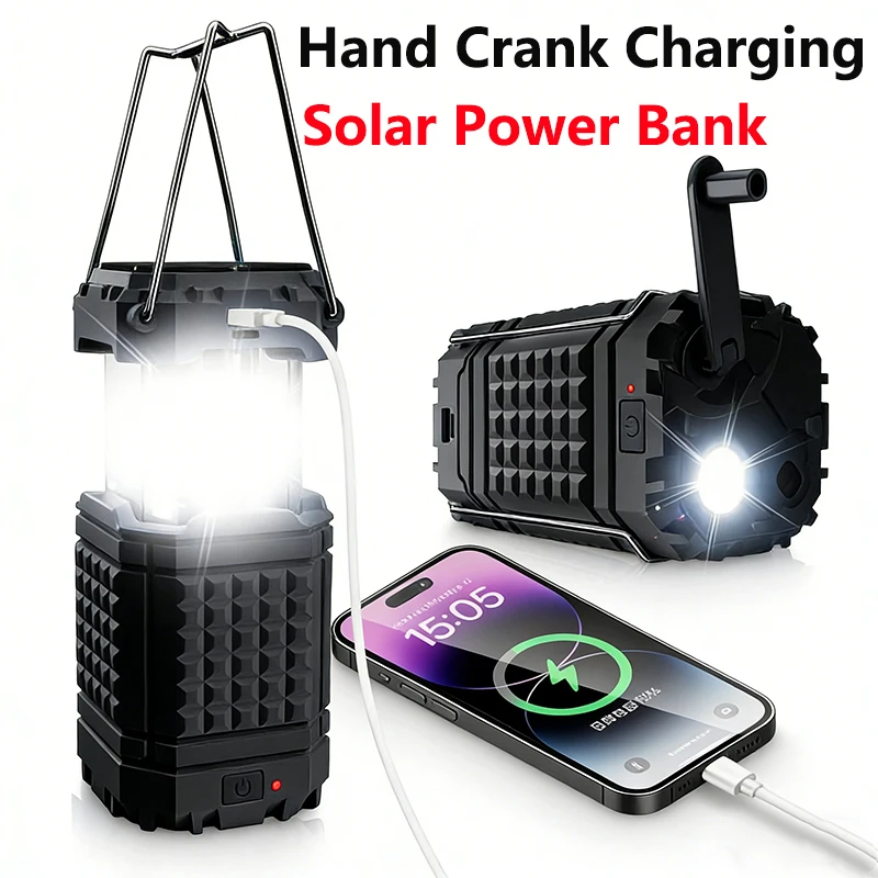 Powerbank solarny z korbką, wodoodporny, kempingowy, z lampką LED, przenośna ładowarka, powerbank do iPhone'a, Samsunga i Xiaomi, bateria zewnętrzna_voghion.com