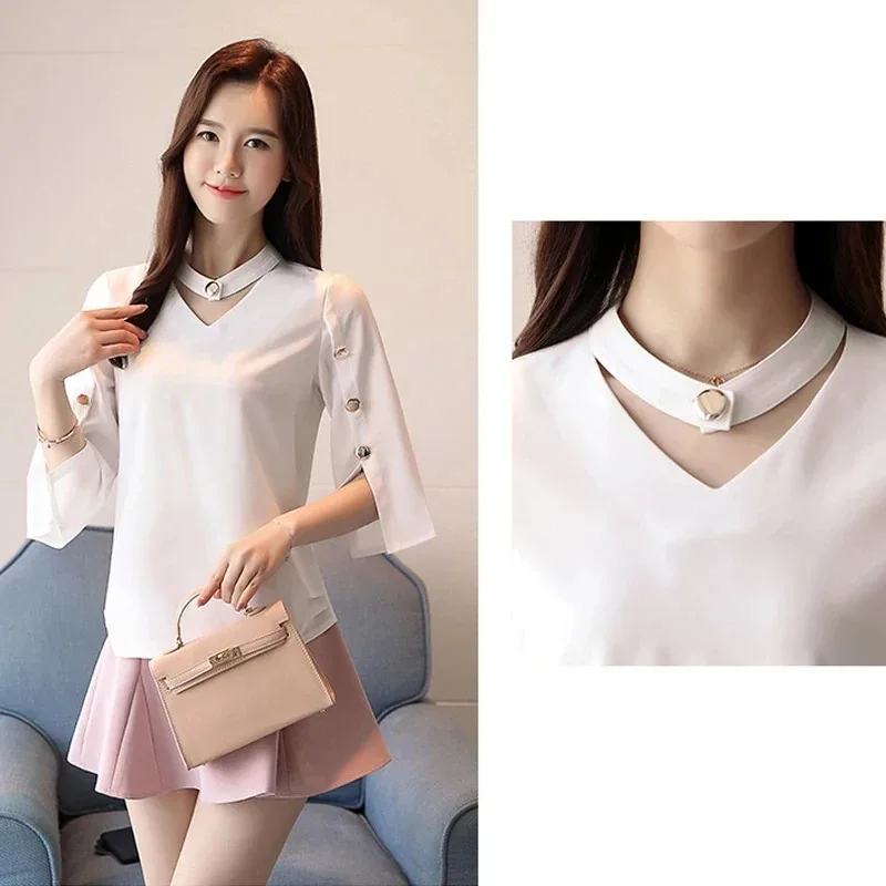 Summer and Autumn Casual Ladies Three-Sleeve White Shirt V-Neck Button Decorative Casual Office Chiffon Blouse 2994 50