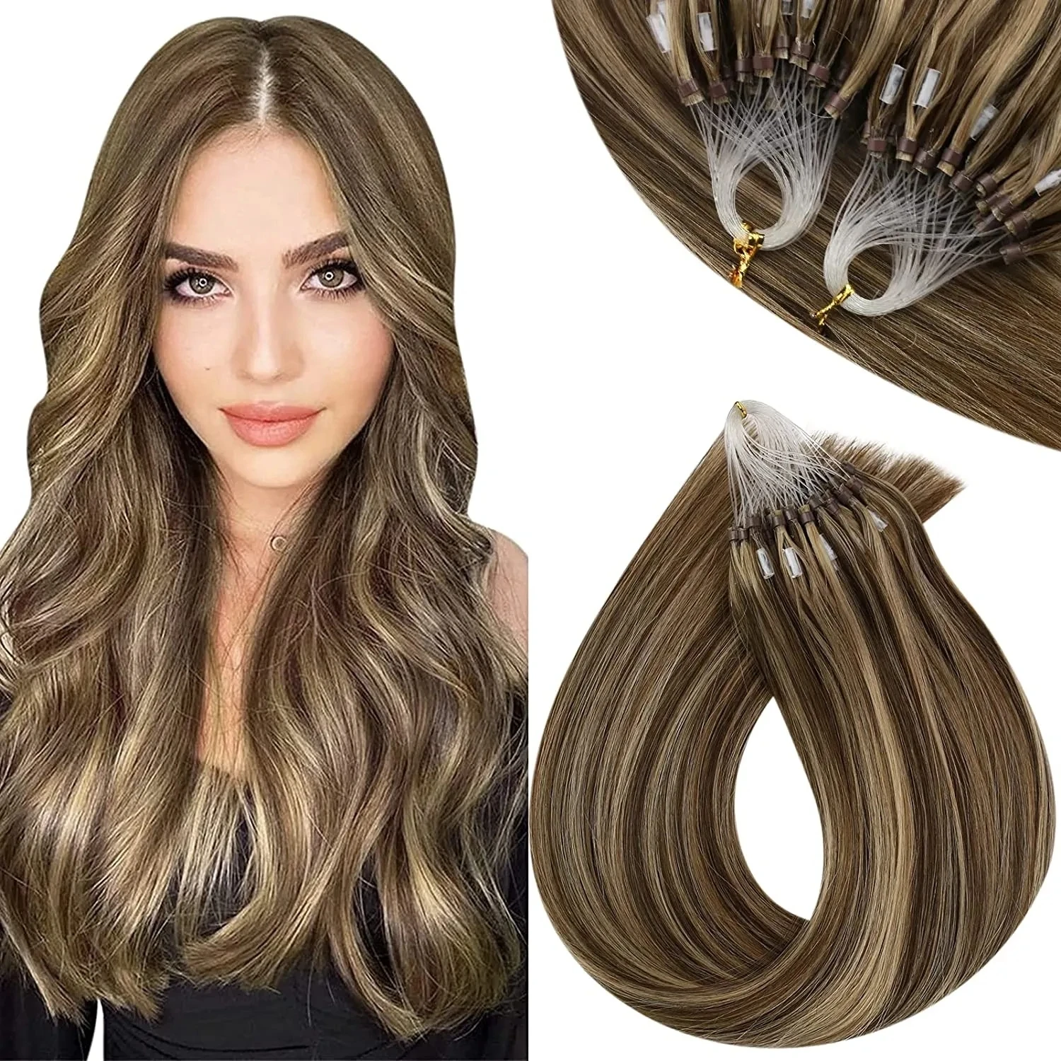 Human Hair Extensions VeSunny Remy Micro Loop Human Hair Extensions Micro Beads Hair Silky Soft Ring Extensions 1g/strand 50g