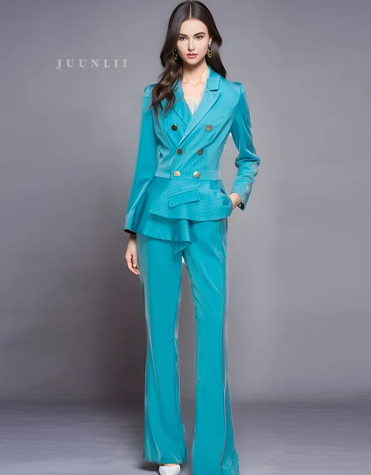 

HIGH STREET Newest 2023 Fashion Designer Runway Suit Set Women Long Sleeved Double Breasted Ruffled Blazer Pants Set