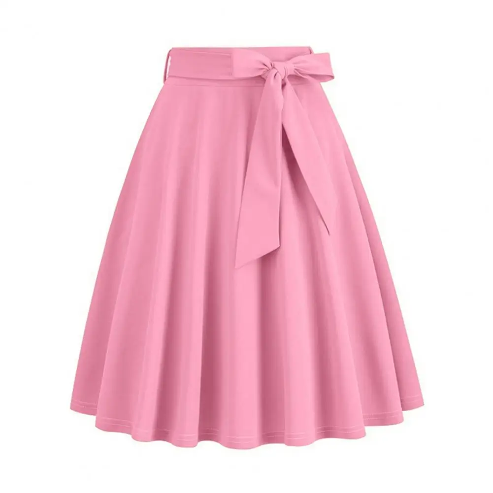 High Waist Ruffle Women Skirt Belted Tight Waist Bow Decor A-line Big Swing Summer Party Midi Skirt