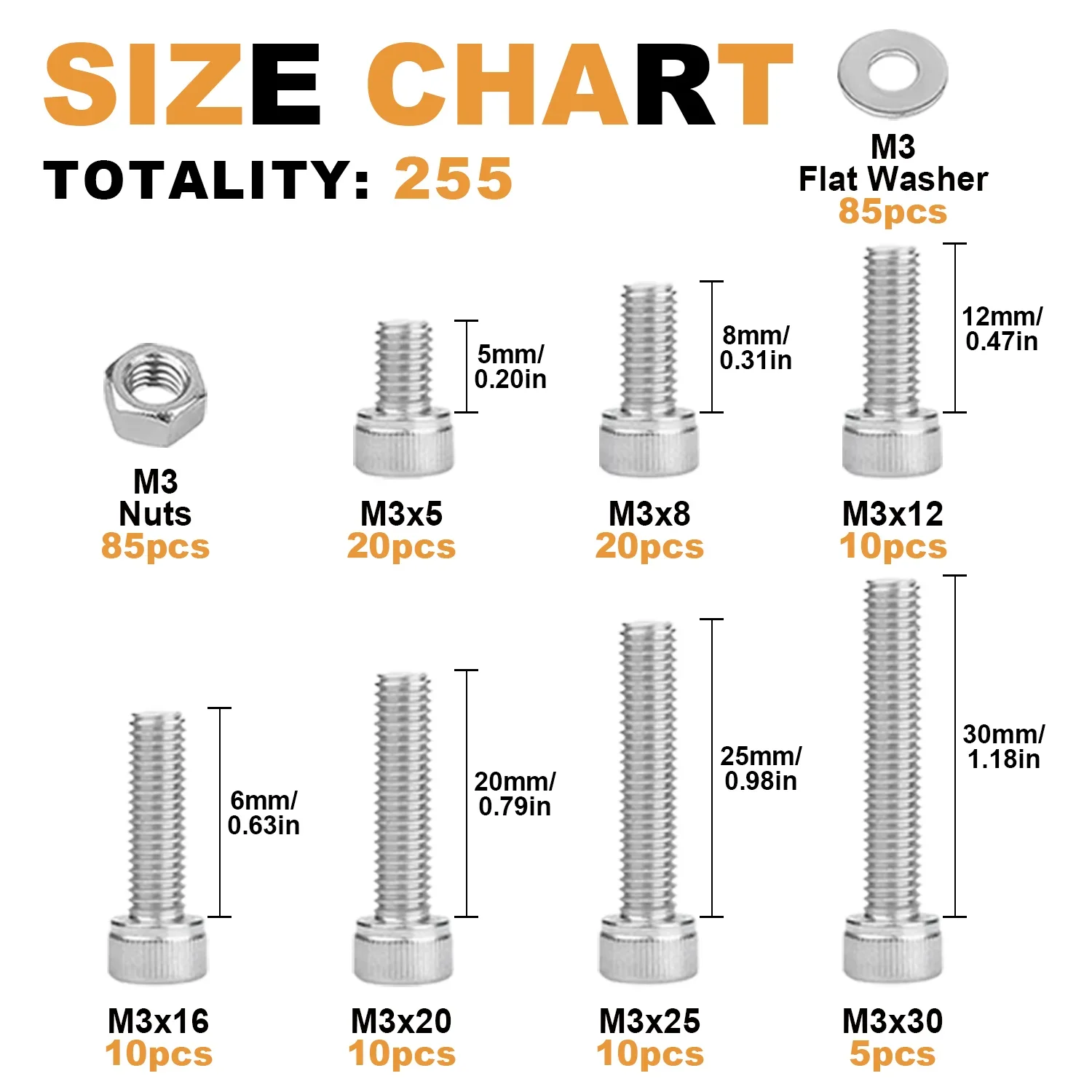 Description Picture 3 of item255Pcs M3 Stainless Steel Internal Hexagon Screws, M3x5/8/12/16/20/25/30mm Cup Head Internal Hexagon Screw Washer Nut Set