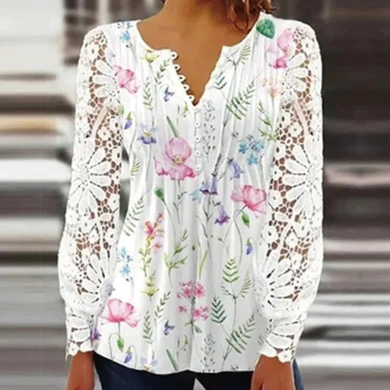 2023 Casual Spring Summer Women Shirt Vintage Button V Neck Embroidery Hollow Out Flower Lace Long Sleeve Blouse Tops Pullover