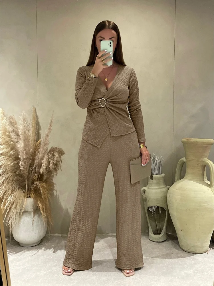 Wmstar Two Piece Set Women Wholesale Cross Border Elastic Jacquard Pleated V Neck Waist Buckle Cinching Slimming Wide Leg Pants