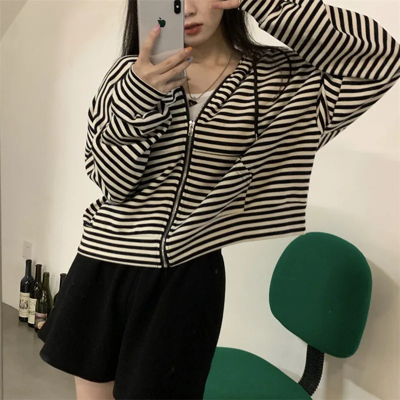 Autumn Women Striped Hoodies Sweatshirt Long Sleeve Hooded Zipper Pockets Jackets Casual Tracksuit Female Clothes
