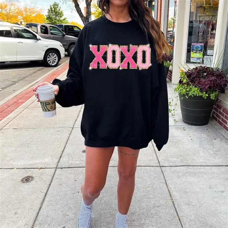 XOXO Sweatshirt Women y2k Clothes Basic Letter Print Round Neck Long Sleeve Tops Loose Hoodies Casual 2000s Clothing Streetwear