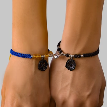 2 PCS/Set Magnetic Couple Bracelet Women Lover Button Bat Spider Handmade Braided Rope Charm Friendship Girlfriend Punk Jewelry