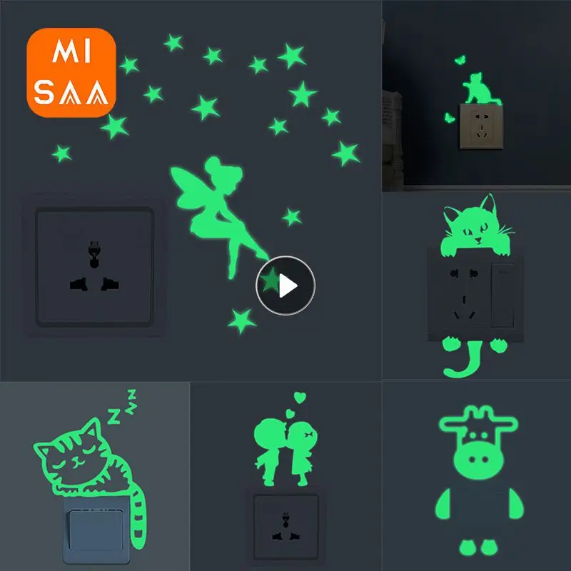 Luminous Switch Stickers Glow In The Dark Decorative Wall Stickers Kids Room Cartoon Cat Dog Fairy Star Pvc Sticker Home Decor