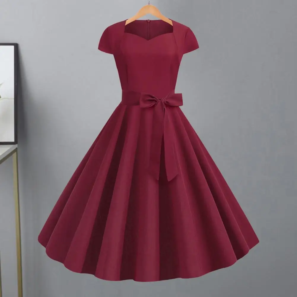 

Festival Outfit Party Dress Elegant V Neck A-line Midi Dress with Belted Bow Detail Retro Princess Style for Women Flattering