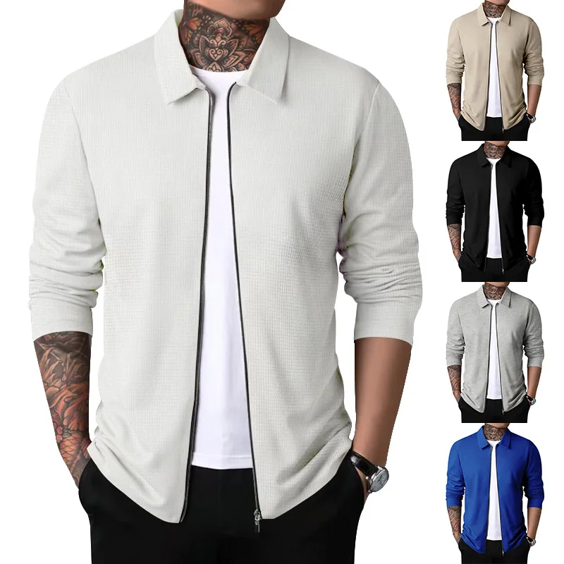 Men's Autumn New Zipper Jacket Casual Long-sleeved Lapel Waffle Jacket