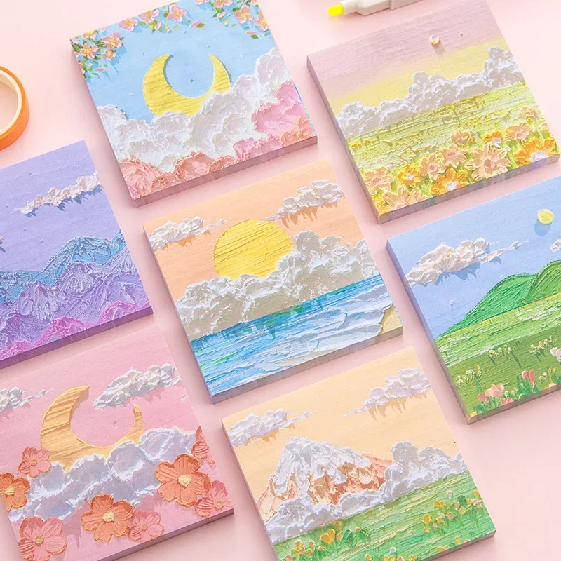 

80 Sheets Oil Painting Scenery Sticky Notes Students Aesthetic Memo Pad To Do List Notepads School Supplies Cute Stationery