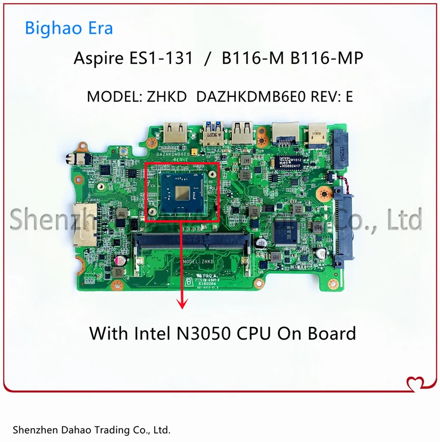 

DAZHKDMB6E0 For Acer Aspire ES1-131 B116-MP B116-M Laptop Motherboard With Intel N3050 N3150 N3700 CPU NBVB811001 NB.MYK11.005