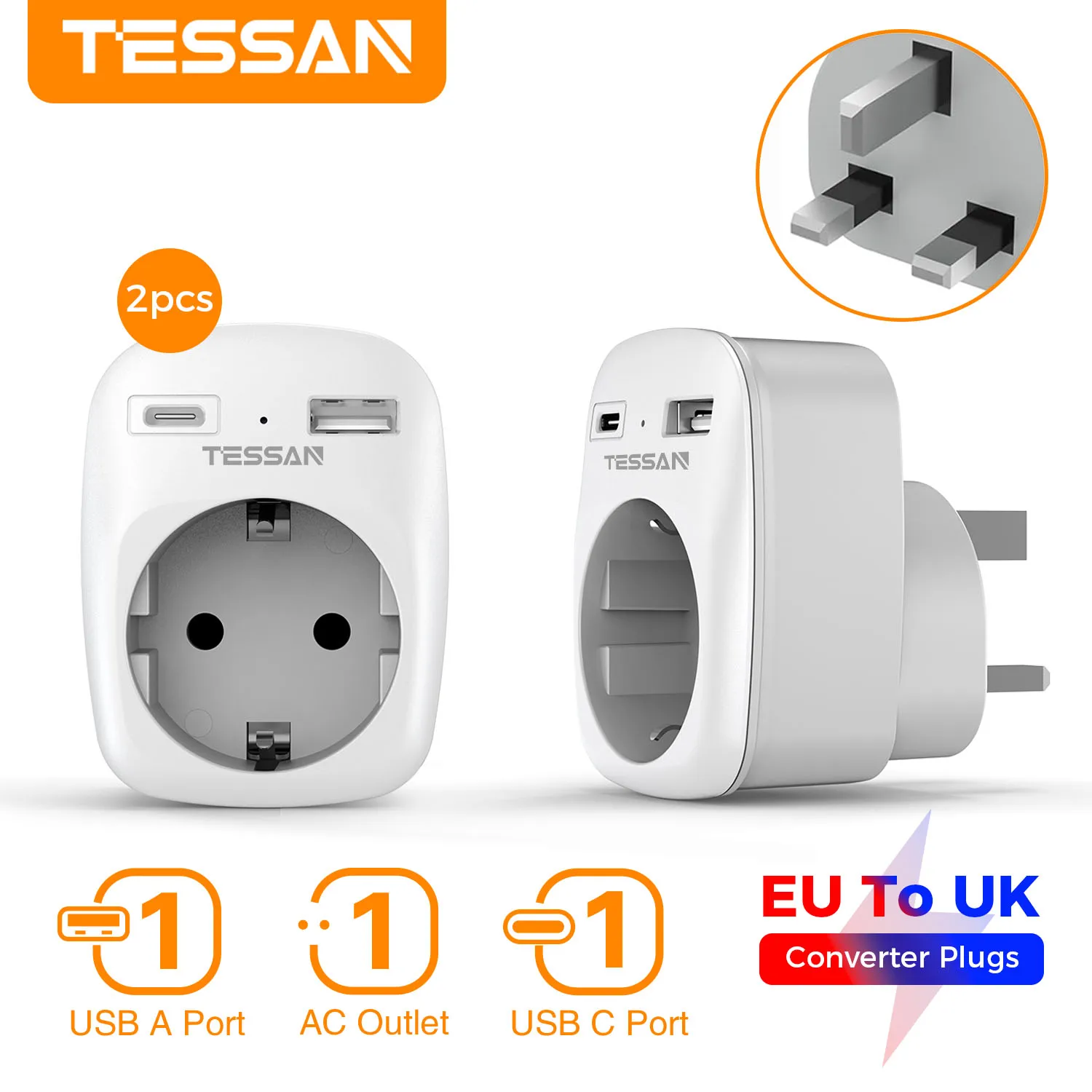 Sockets In Ireland TESSAN 2PCS EU To UK Travel Adapter with Outlet USB A & Type C Portable ...