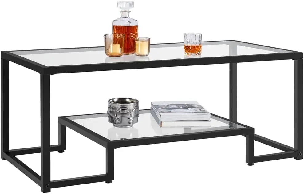 

Tempered Glass Coffee Table,Modern Simple Center Table w/Metal-Frame&Easy Assembly& Open Storage Shelf for Living Room,Office