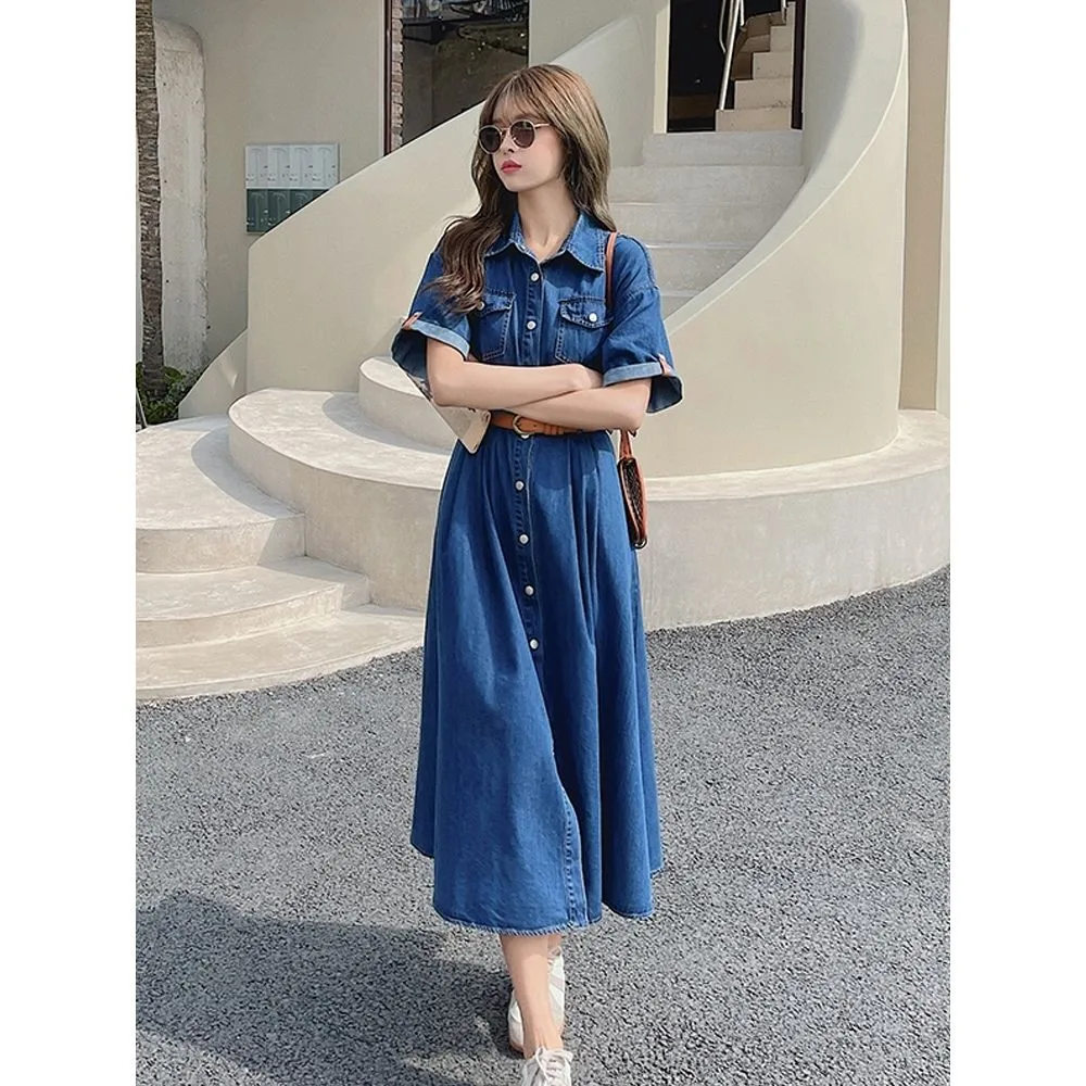 Women's Casual Short Sleeve Denim Dress Summer Single Breasted Shirt Long Dress Lady Pockets Mid Calf Length Denim Dress
