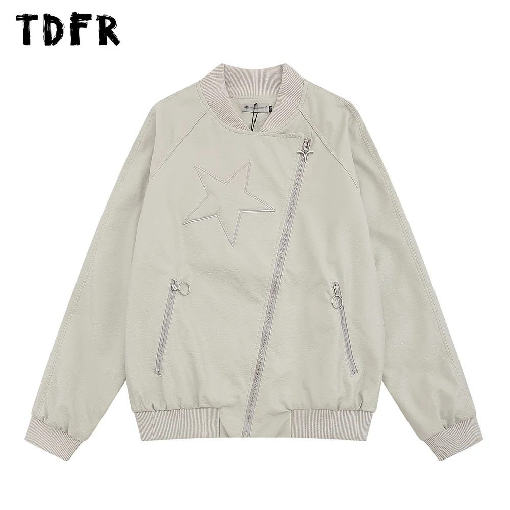 

Five-pointed Star Embroidery Jacket Mens Zipper Decoration Autumn Winter Stand Collar Casual Loose Drop Shoulder Outerwear Men