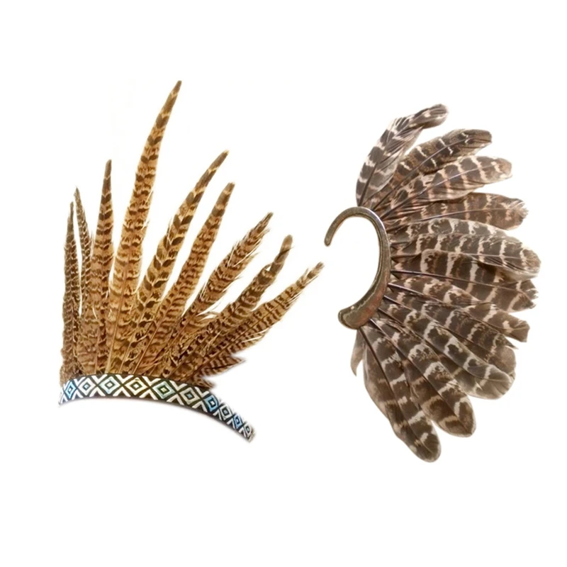 

1Pcs Unisex Big Feather Ear Cuff Non Piercing Gold Clip On Earrings & 1X Feather Hair Band Tiara Bohemian Indian Gypsy Dance Sho
