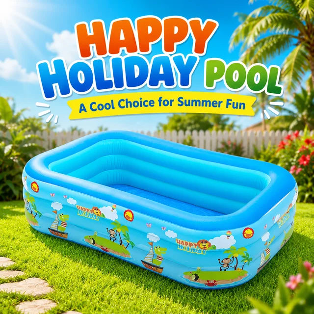 Piscine gonflable 1 pièce en PVC épaissi, bleue et blanche imprimée, pliable, portable pour extérieur et jardin, pour adultes et bébés, avec vidange facile 1