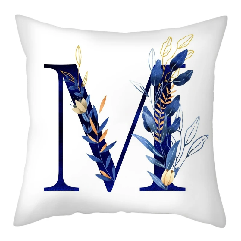 Simple Blue Leaf Alphabet Print Cushion Case 26 Letters Decoration Pillows Case Sofa Chair Livingroom Polyester Throw Pillowcase 