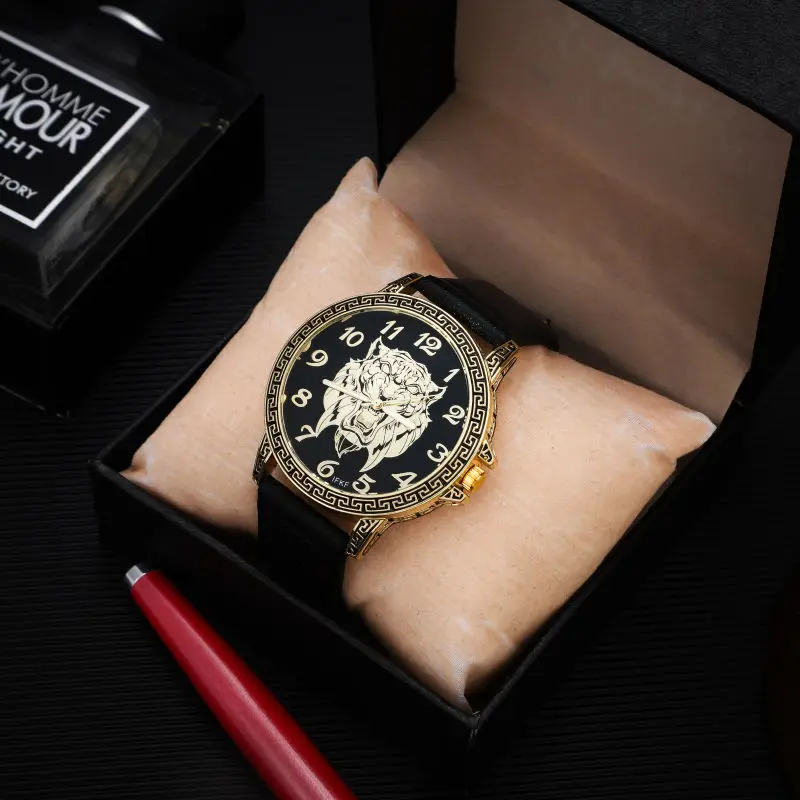 

Famous Brand Men Leather Watch 2022 High Quality Vintage Bronze Case Wristwatch Analog Male Fashion Casual Tiger Pattern Clock
