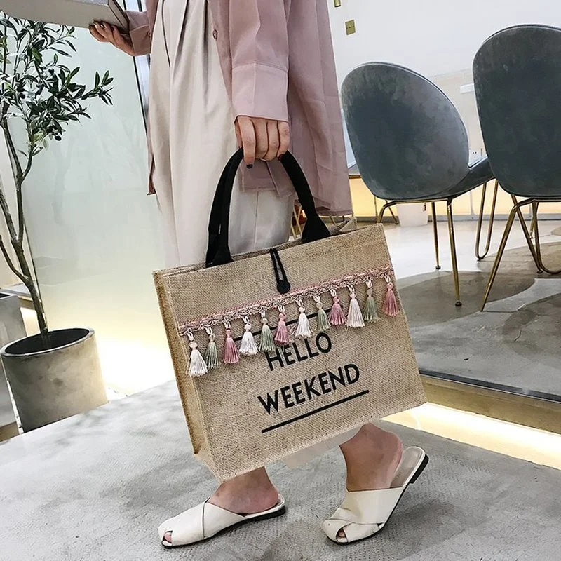 

Women Handbags Large Capacity Letter Linen Totes Lady Tassel Shoulder Bag Summer Beach BagsCasual Girls Travel Shopping Bag