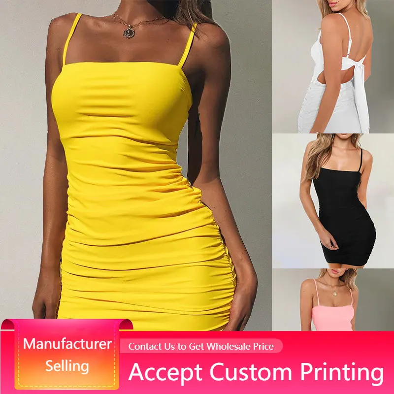 

Party Dresses Spaghetti Strap Ruched Mini Bodycon Dress Sexy Pleat Pencil Slip Dress Solid Color Strap Sleeveless Casual Dress