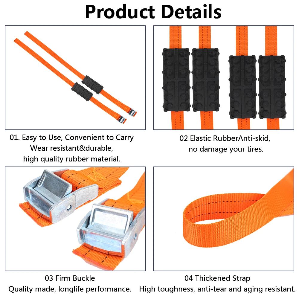 Car Tire Traction Blocks Emergency Snow Mud Sand Tire Chain Straps For Snow Mud Ice Durable PU Anti-Skid