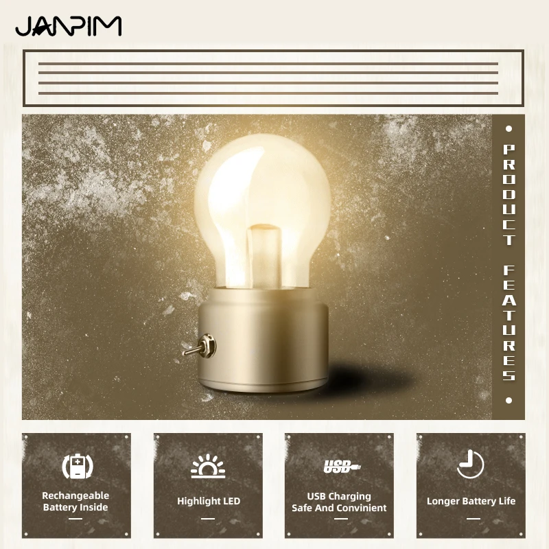 Janpim retro revival Bulb Lamp Led night light USB charging Children's gift Table Lamp Bedroom Nightlight