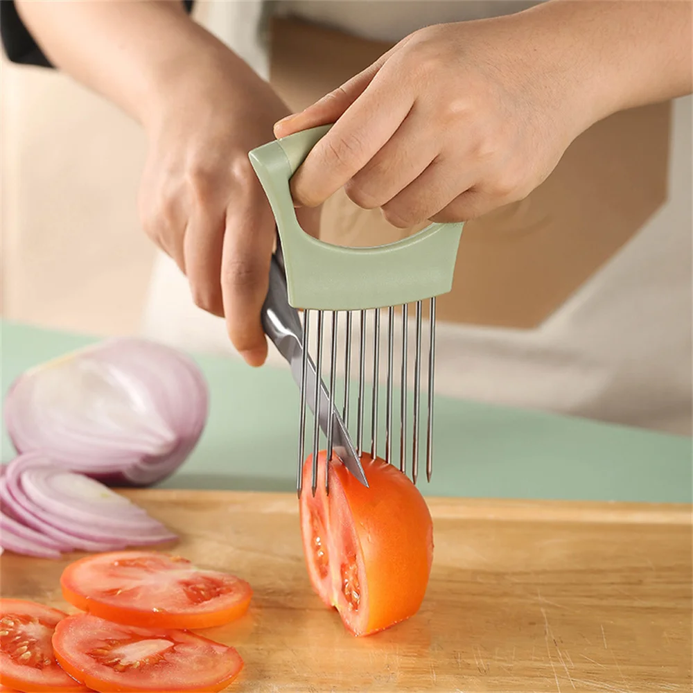 Fourchette à oignon en acier inoxydable, trancheur de fruits et légumes,  coupe-tomate, support de coupe