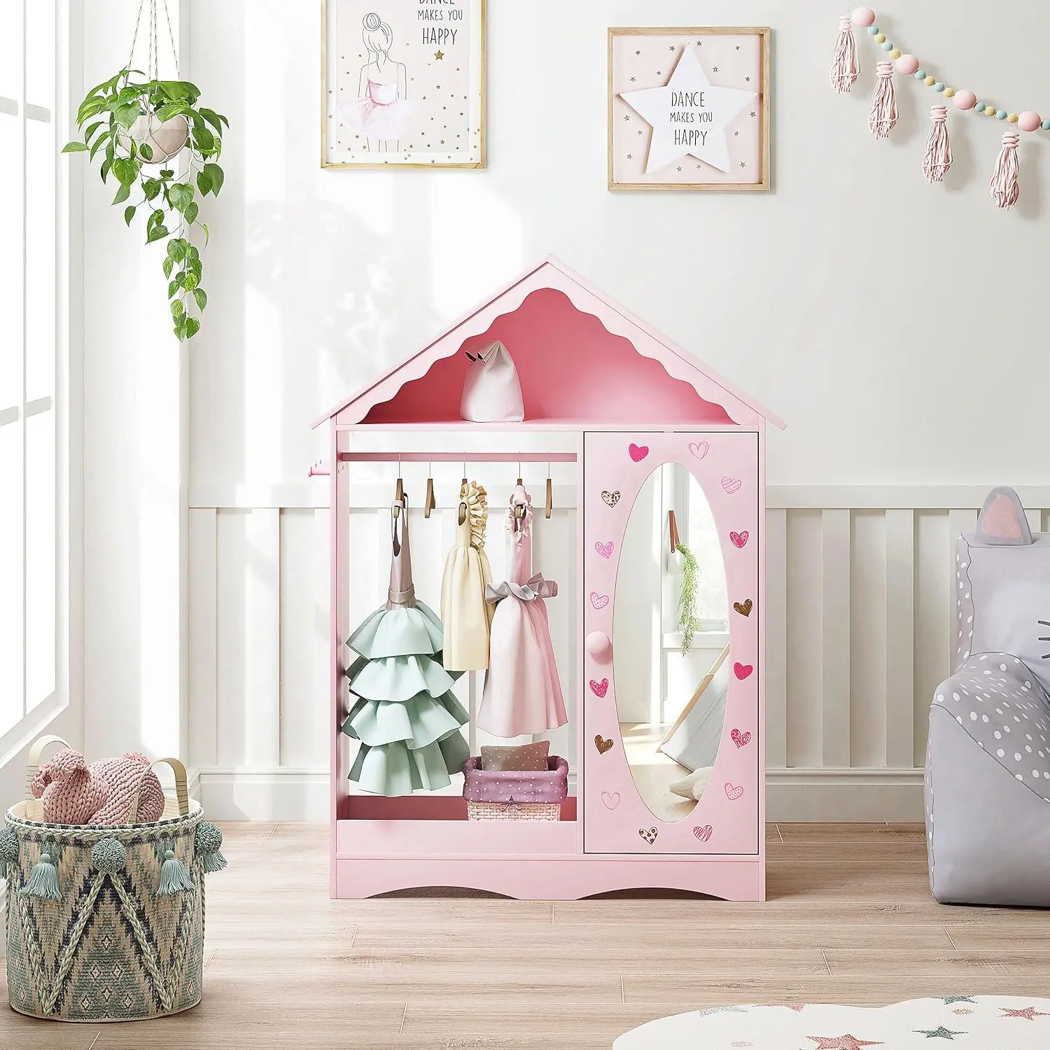 UTEX Kids Dress Up Storage with Mirror, Kids Wardrobe Closet, Dress Up Armoire for Little Girls, Open Hanging Costume Organ
