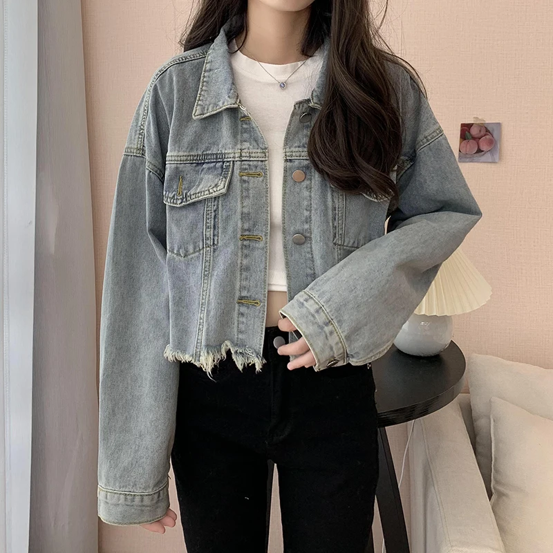 

Женская джинсовая куртка в стиле ретро, однобортное Свободное пальто с отложным воротником, Повседневная модная верхняя одежда, 2023