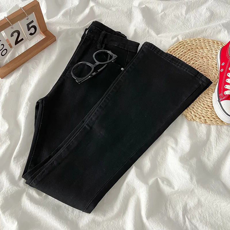 Italian Black High Waist Denim Flared Pants Trousers Spring YP045