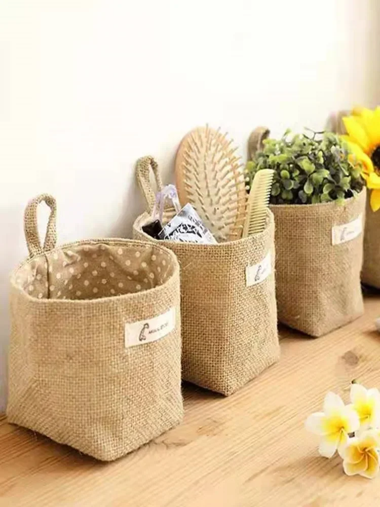 Description Picture 2 of item2pcs Wall-Hanging Storage Bags Cotton Linen Storage Basket Foldable Basket Family Organizer Box Decorative Bag (Color as Shown)