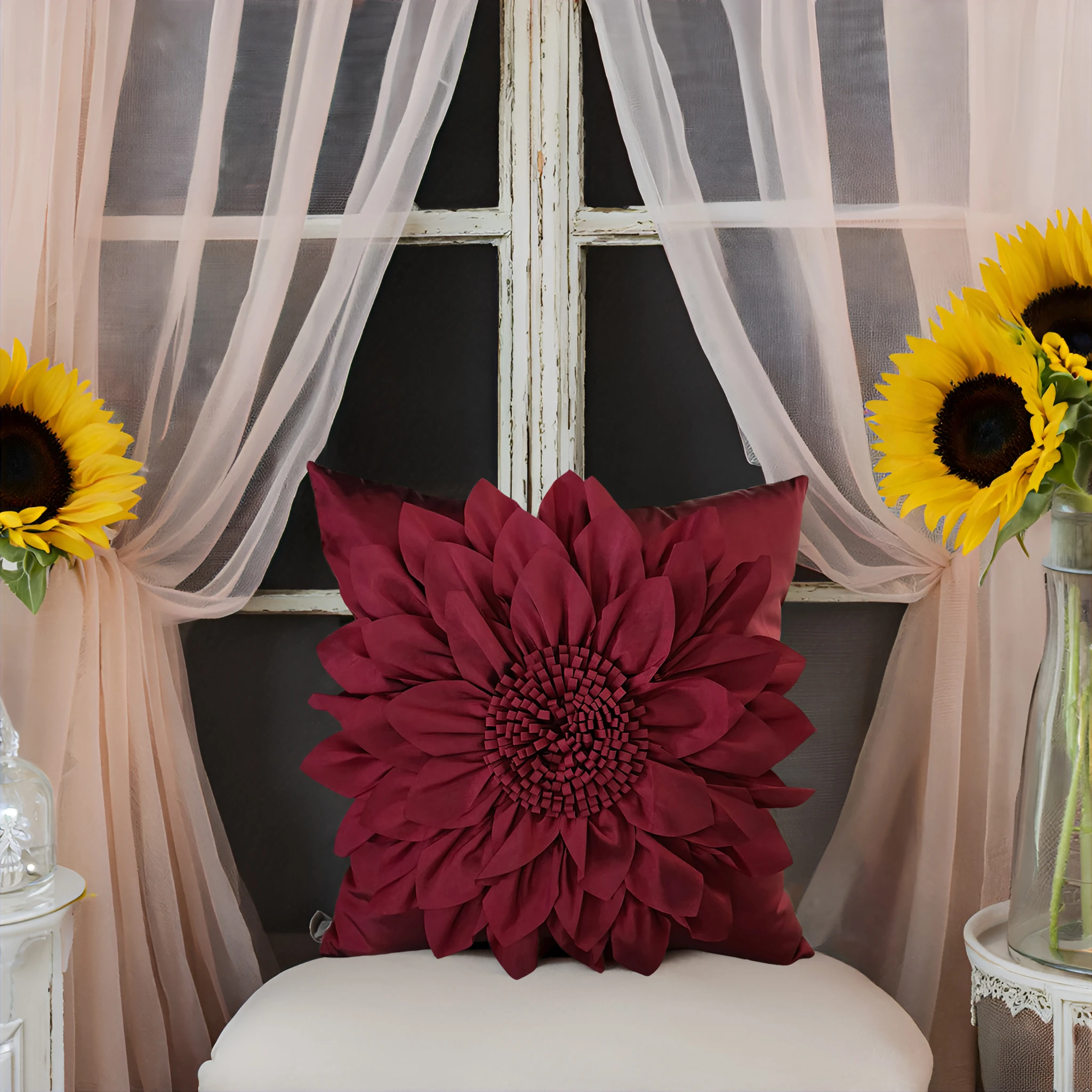 Burgundy Decorative Cushion Covers For Sofa 3D Sunflower Pillow Cover Luxury Handmade Bed Couch Bohemia Wine Red Pillow Case