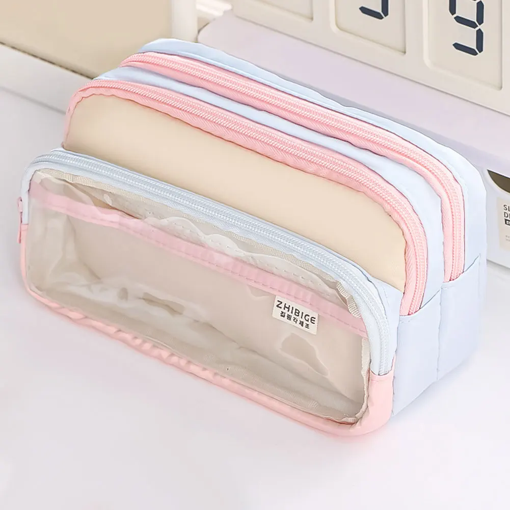 패션 컬러 블록 3단 대용량 필통 학생용 문구 데스크탑 수납 펜 가방 귀여운 소녀 메이크업 가방 선물