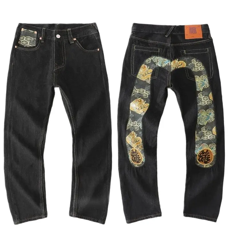 Calça jeans japonesa bordada artesanal masculina, puro algodão
