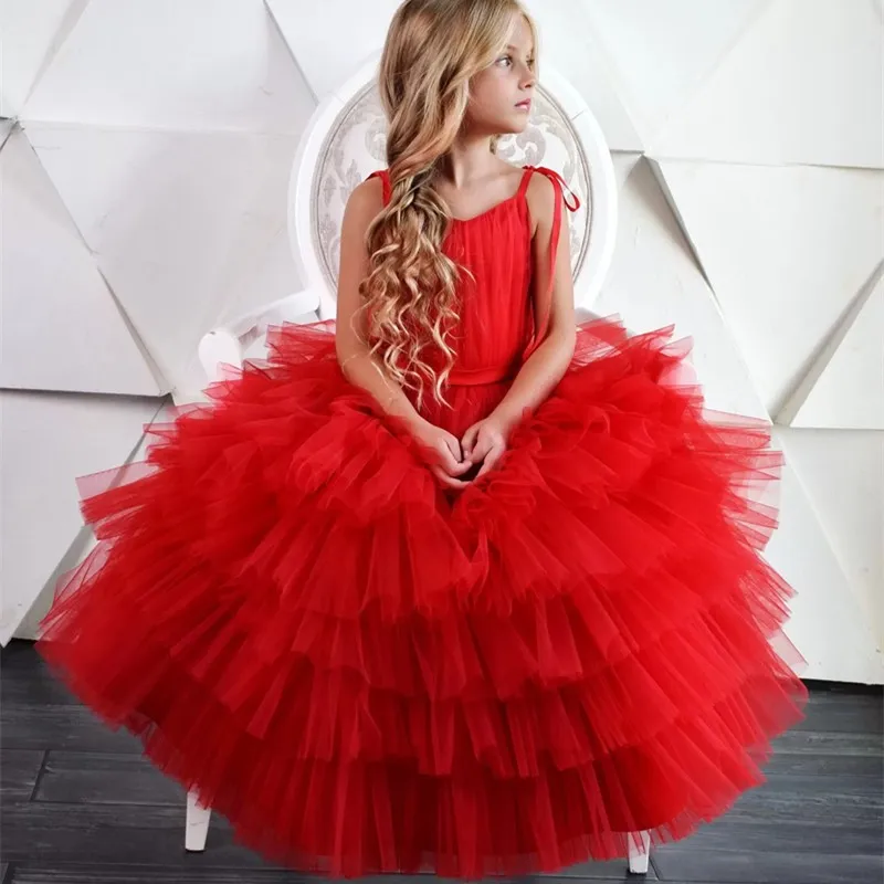 

First Communion Red Tiered Dresses 2023 Floor Length Formal Party Flower Girls' Dress Zipper Back Evening Children's Birthday