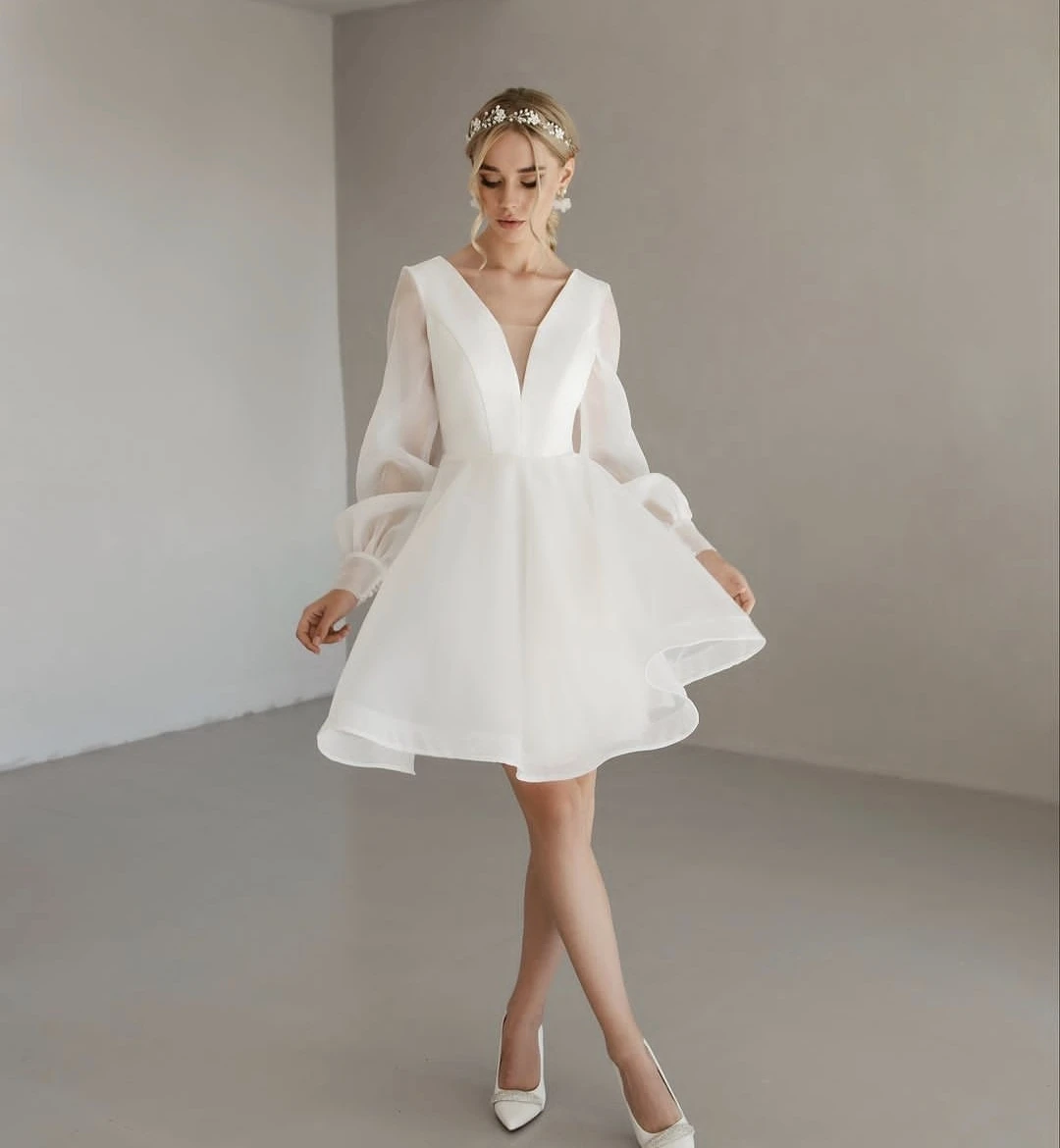 Short Wedding Dress Puff Sleeve Organza V-Neck Knee Length Stunning Bridal Gowns Customize To Measures Robe De Mariee Elegant