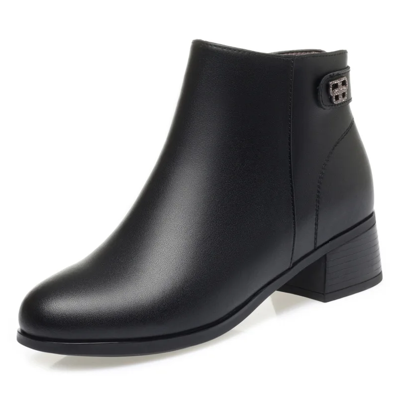 

ZXRYXGS Popular Genuine Leather with Plush / Wool Boots Women's Black Boots 2024 Large Size Thick Heels Snow Boots Stylish Shoes
