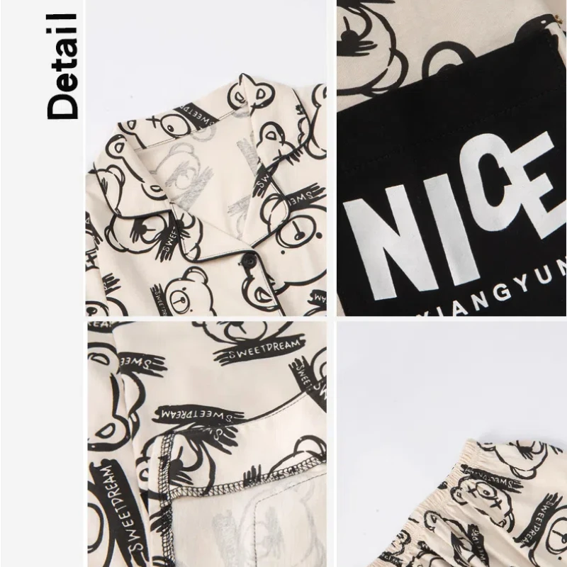 Lapel Cardigan Pajamas Set All-Over Print Bear Design Loungewear Pure Cotton Sleepwear for Big Children's Comfy Homewear