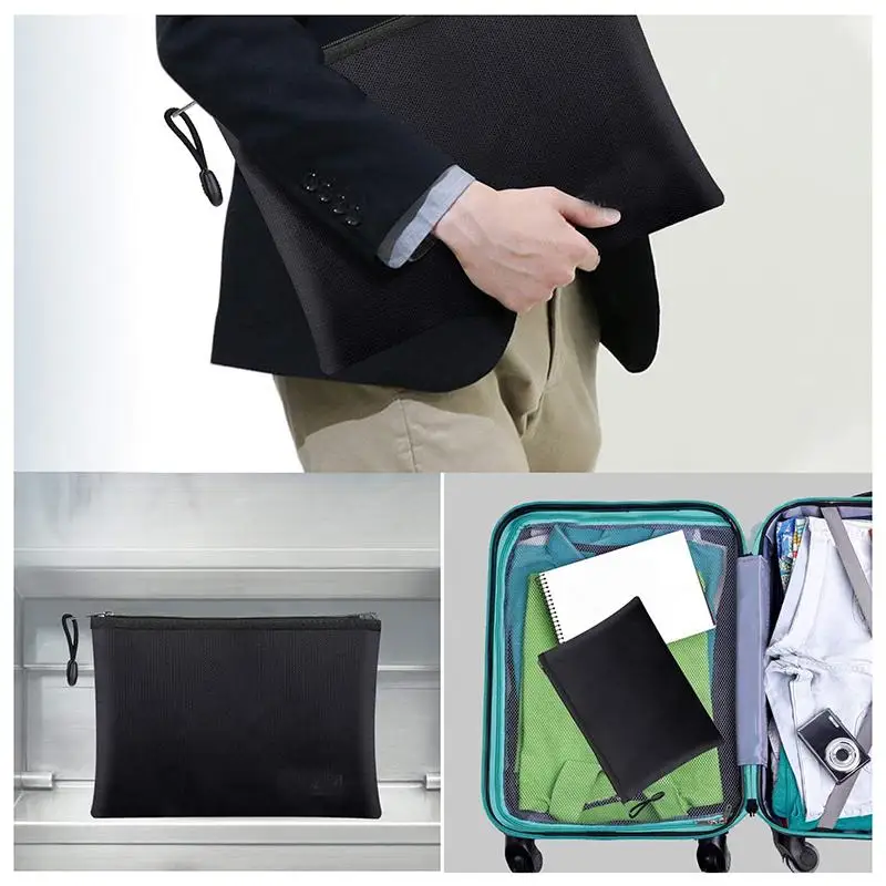 지퍼가 달린 멀티 사이즈 ID 카드 보관 가방 방화 및 방수 가방 인증서용 소형 사이즈 머니 카드(검정색, 은색) 1PC