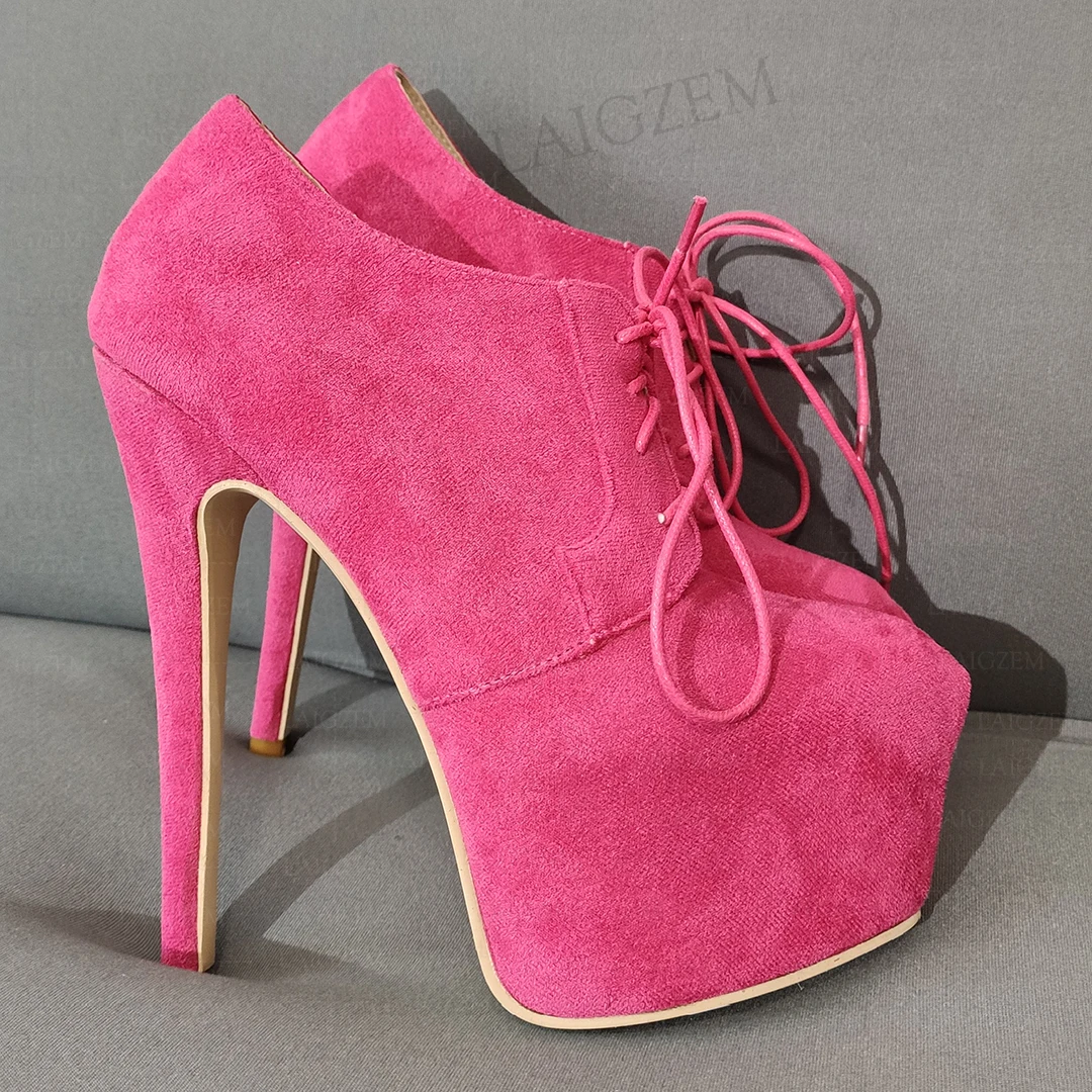 

LAIGZEM Women Ankle Boots Platform Faux Suede Lace Up Thin High Heels Short Booties Ladies Shoes Woman Large Size 41 43 45 50 52