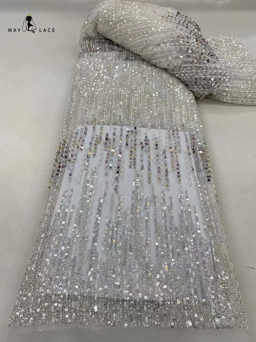 

MAY LACE Fashion African Beaded Lace Fabric 2023 Luxury High Quality Nigerian Sequin French Embroidery Tulle Lace Fabric 5 Yards