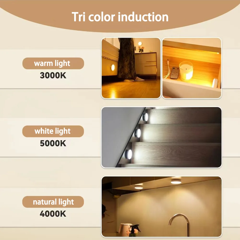 2~6 Pack Motion Sensor LED Night Light USB Rechargeable 3 Color Night Lamp Cabinet Wardrobe Lamp Staircase Wireless Closet Light