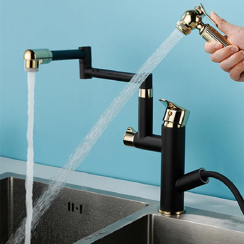 

Gold Kitchen Sink Faucets Hot & Cold Soild Brass Mixer Tap Pull Out Single Handle Deck 360 Degrees Rotating Black/Chrome New